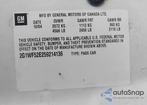 2005 Chevrolet Impala from USA, damaged, VIN 2G1WF52E259214136